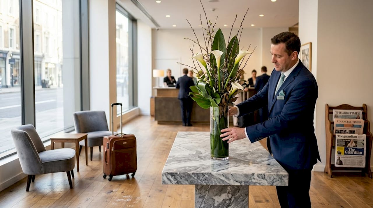 Concierge setting designer bouquet in hotel lobby