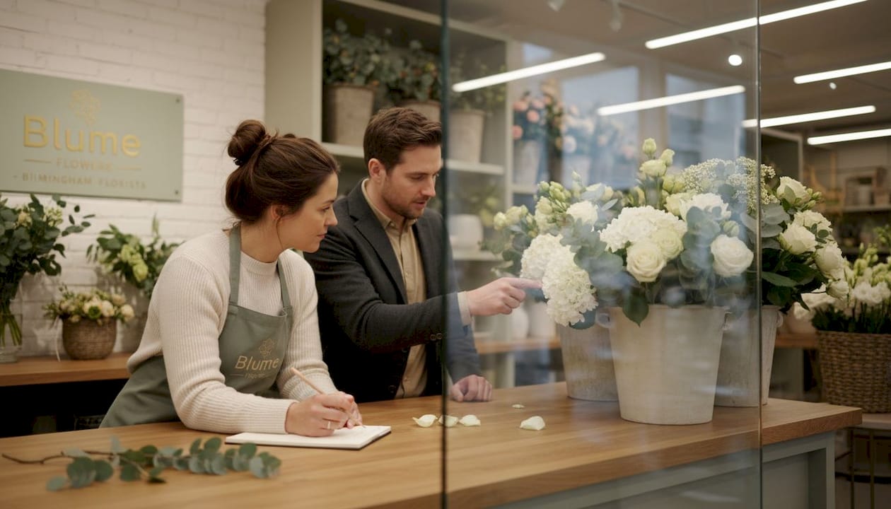 Florist and customer discussing flower arrangements