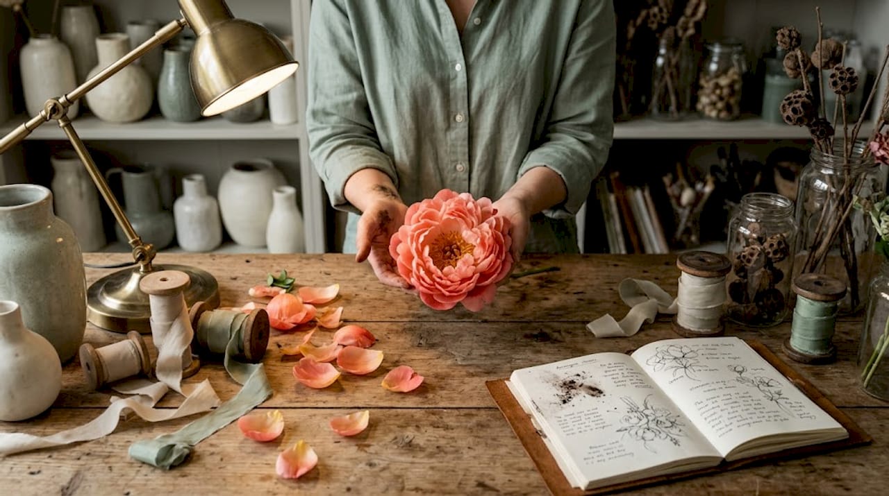 Coral Charm peony held above designer’s table