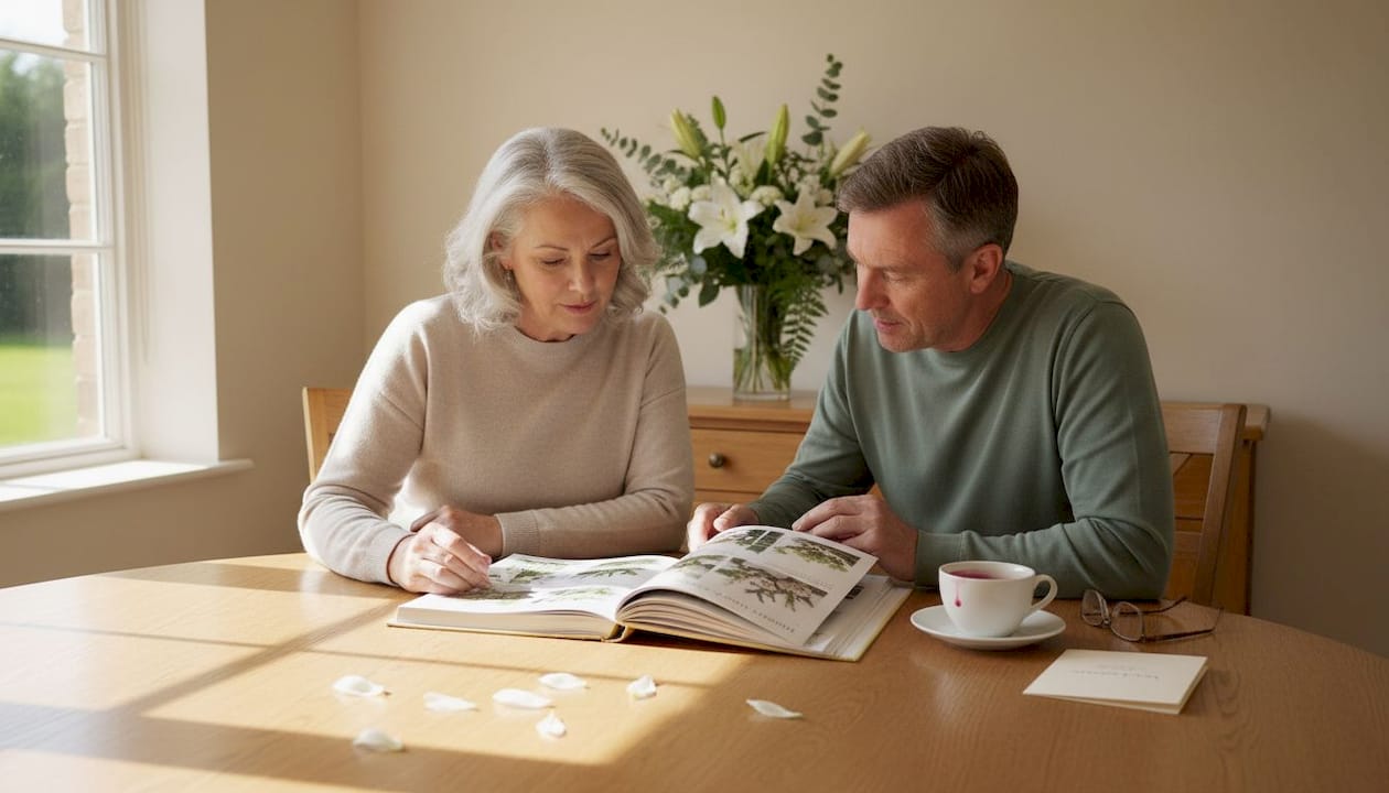 Family consulting over memorial flower choices
