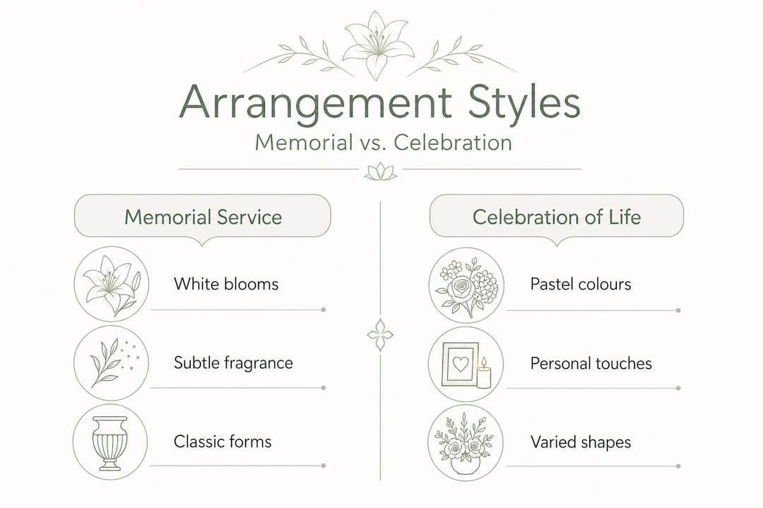 Infographic comparing memorial and celebration floral styles