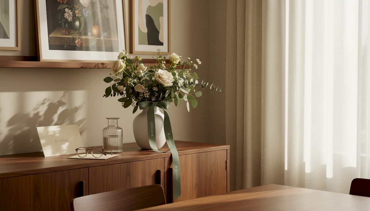 Bouquet styled in mid-century inspired dining room