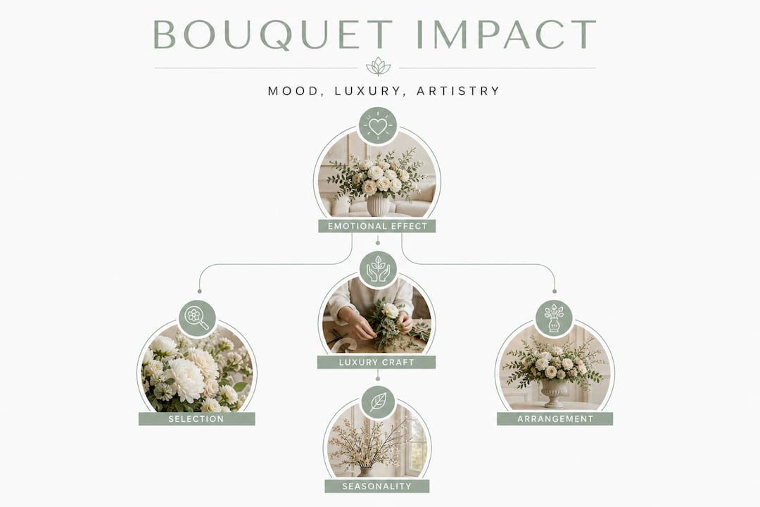 Hierarchy infographic showing bouquet mood, luxury, and artistry
