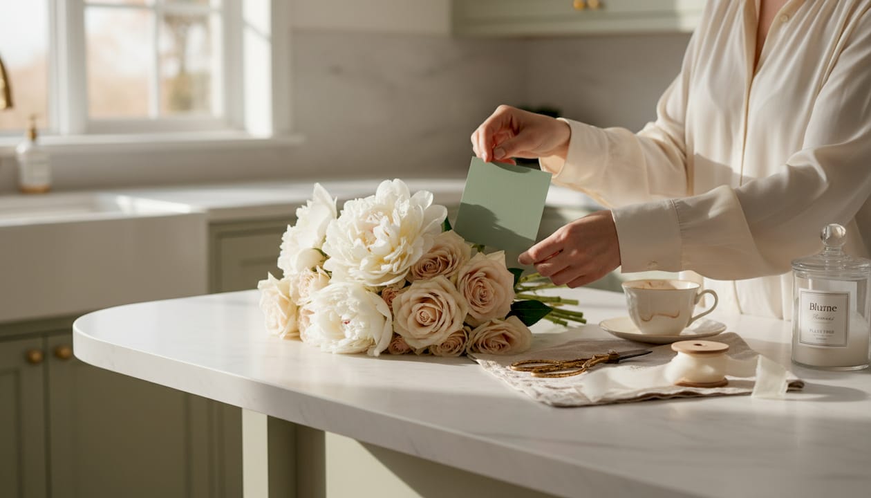 Hands arranging flowers with elegant card