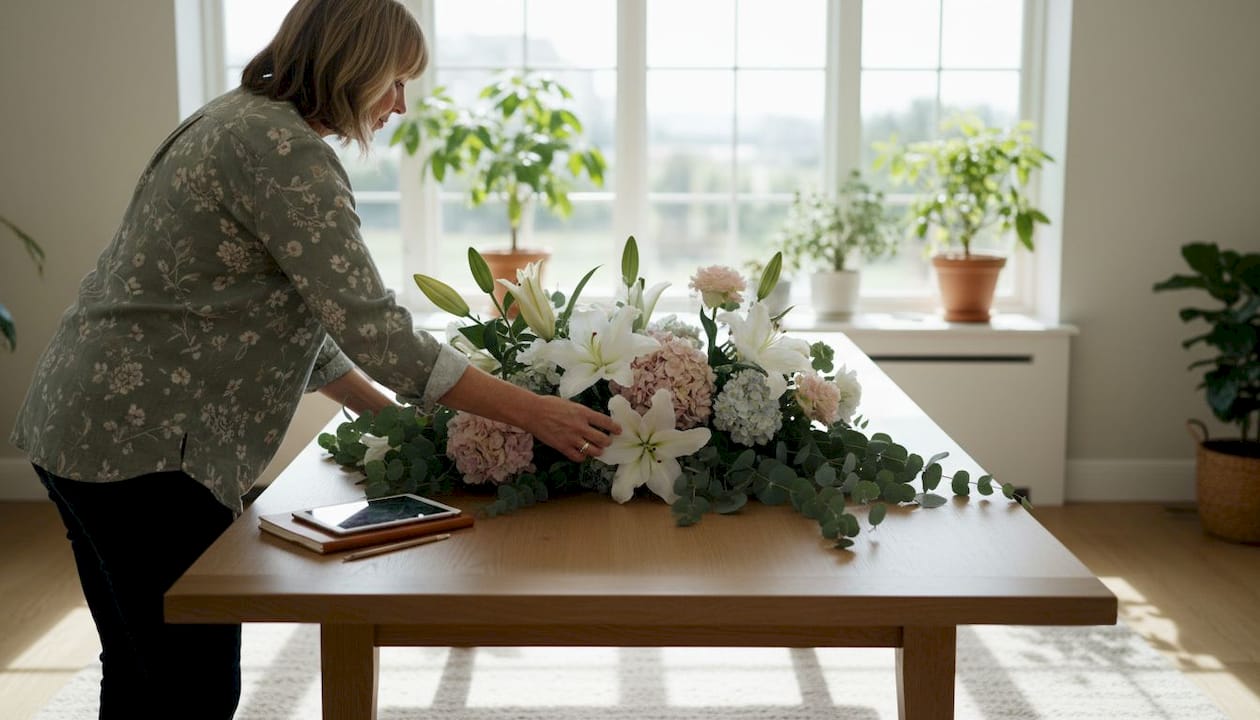 Event planner perfecting floral centerpiece at table