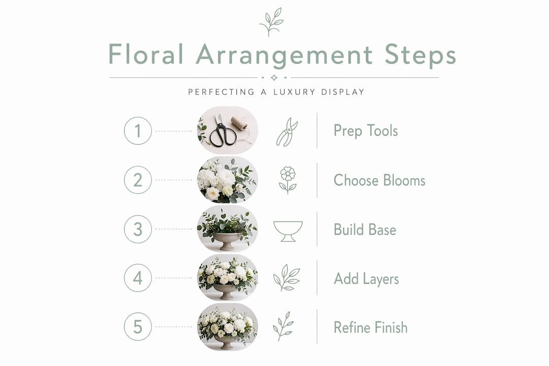 Infographic showing steps for luxury flower arrangement