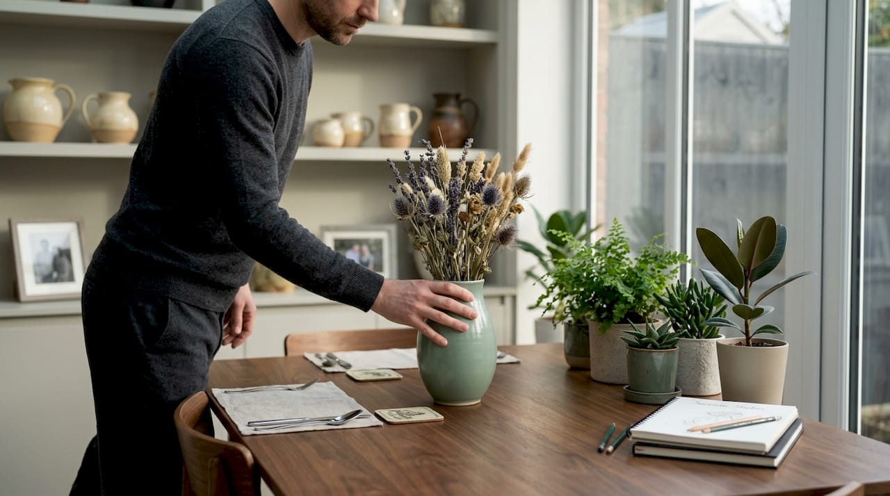 Placing dried floral arrangement on home table