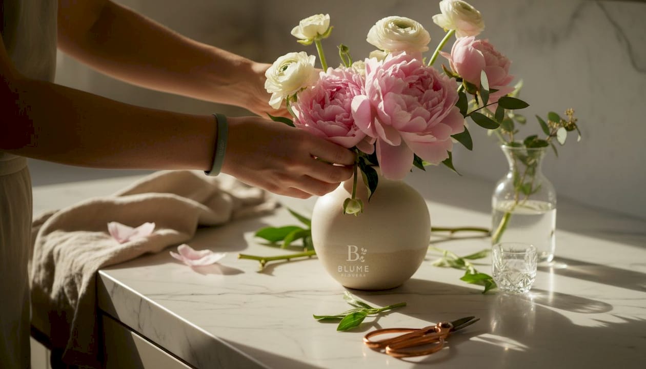 Careful hands arranging grouped flowers in vase