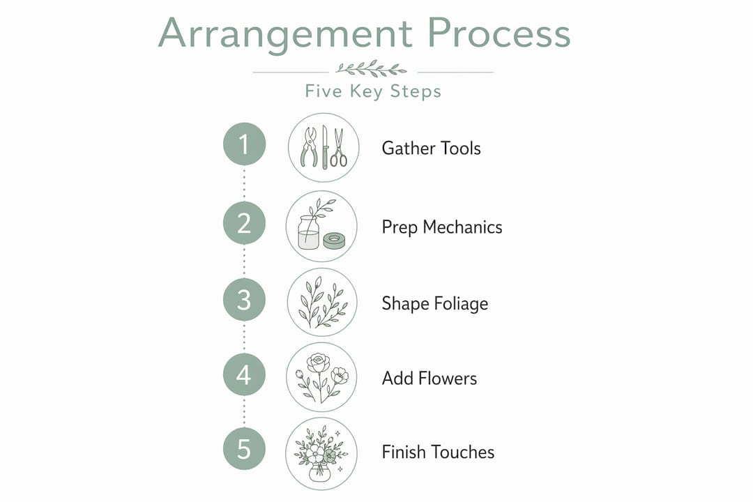 Infographic with five flower arrangement process steps