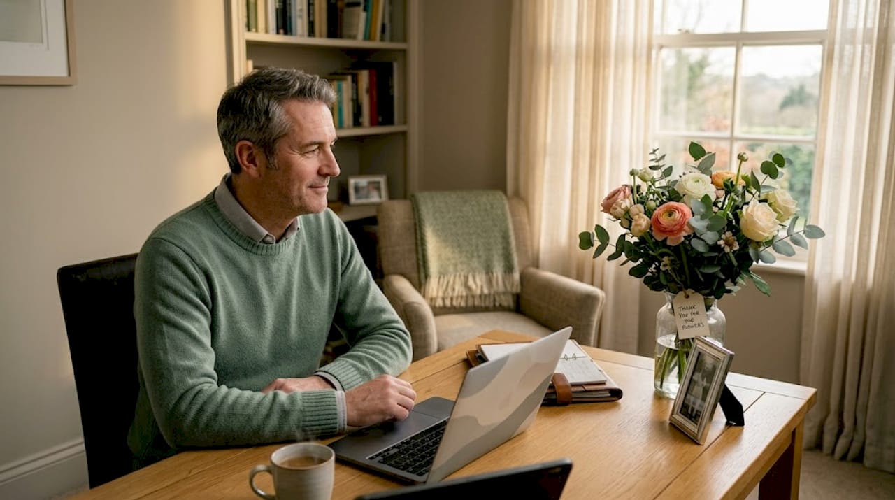 Colleague admiring thank you bouquet on office desk