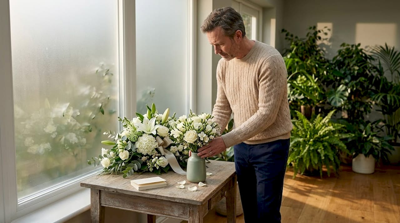 Man comparing large and small funeral flower arrangements