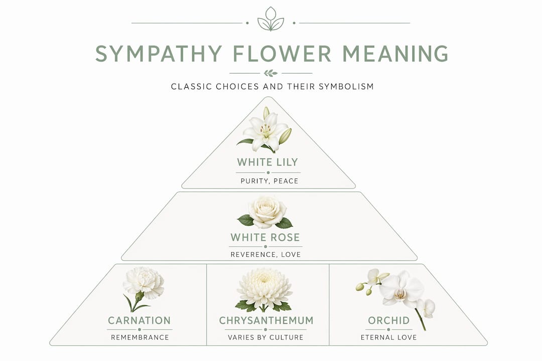 Hierarchy infographic showing meanings of sympathy flowers
