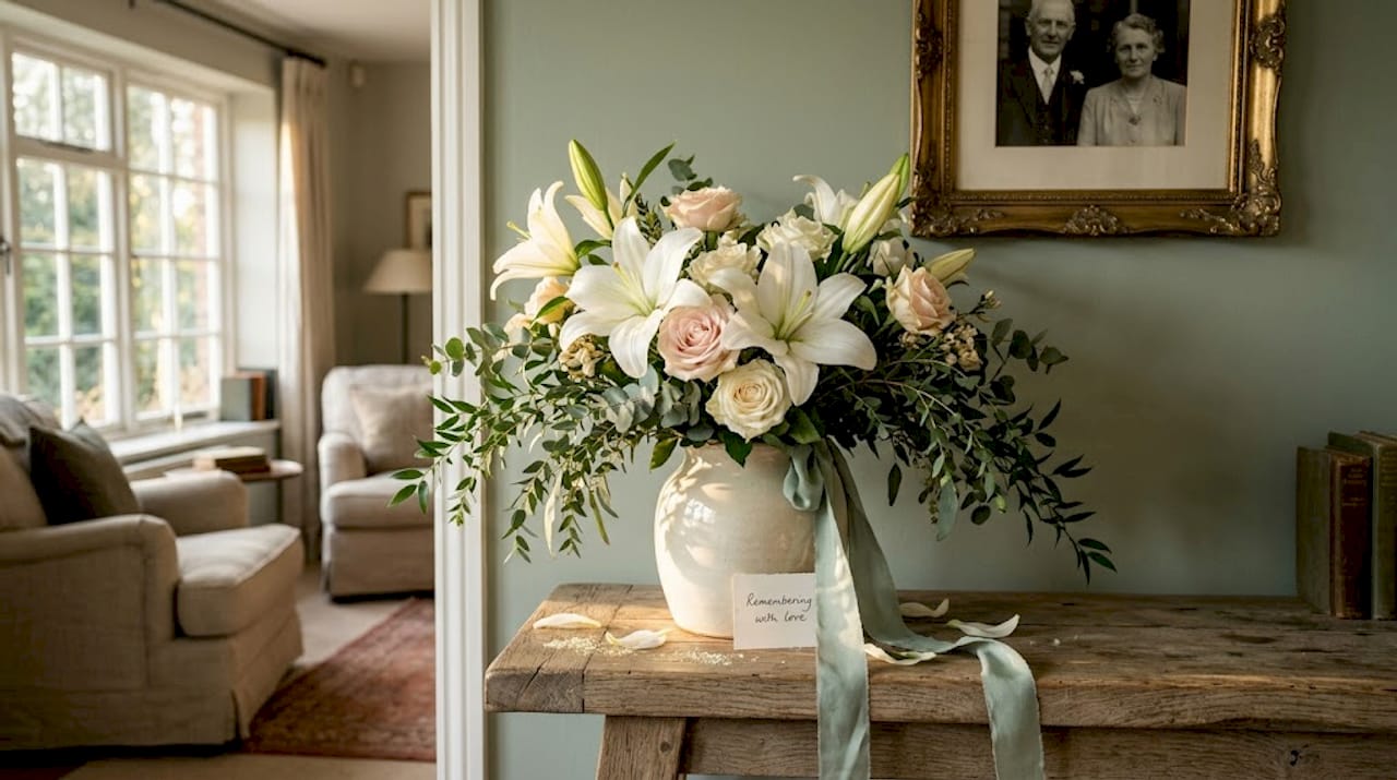 White lily memorial flowers on home mantel