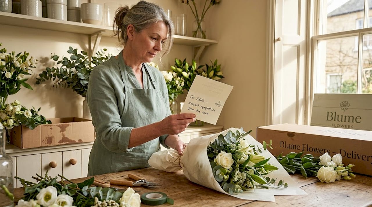 Florist preparing sympathy flowers for delivery