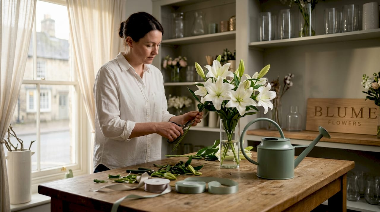 Florist preparing white lilies for condolence