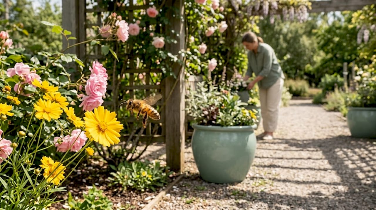 Bee pollinates flowers in public garden