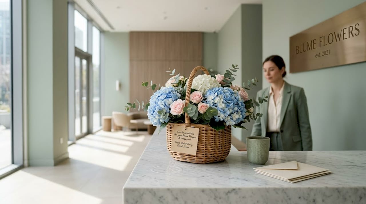 Flower basket on office reception desk with sunlight