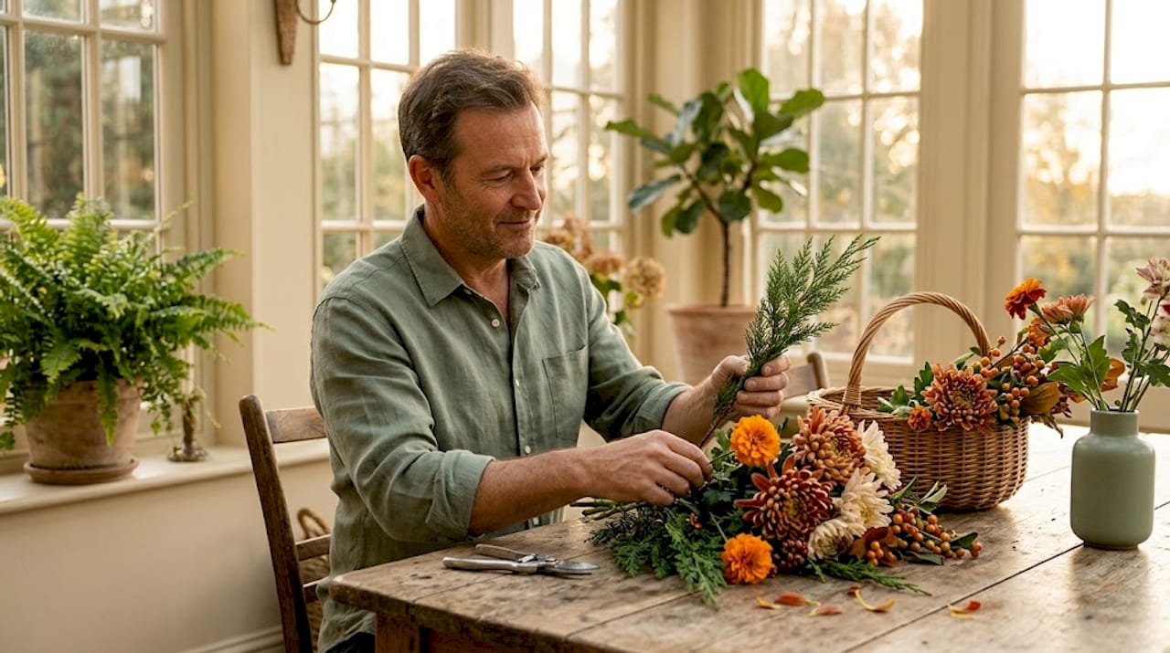 Man preparing autumn flower bouquet