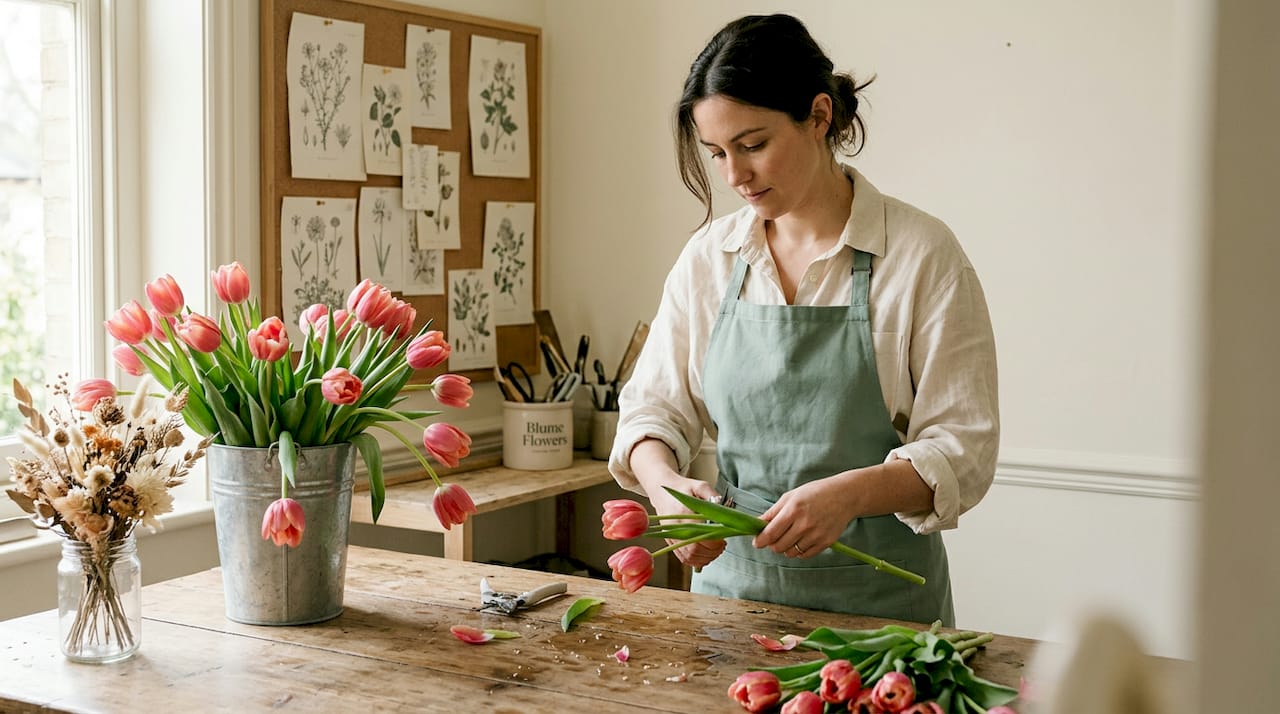 Florist preparing tulips in bright studio