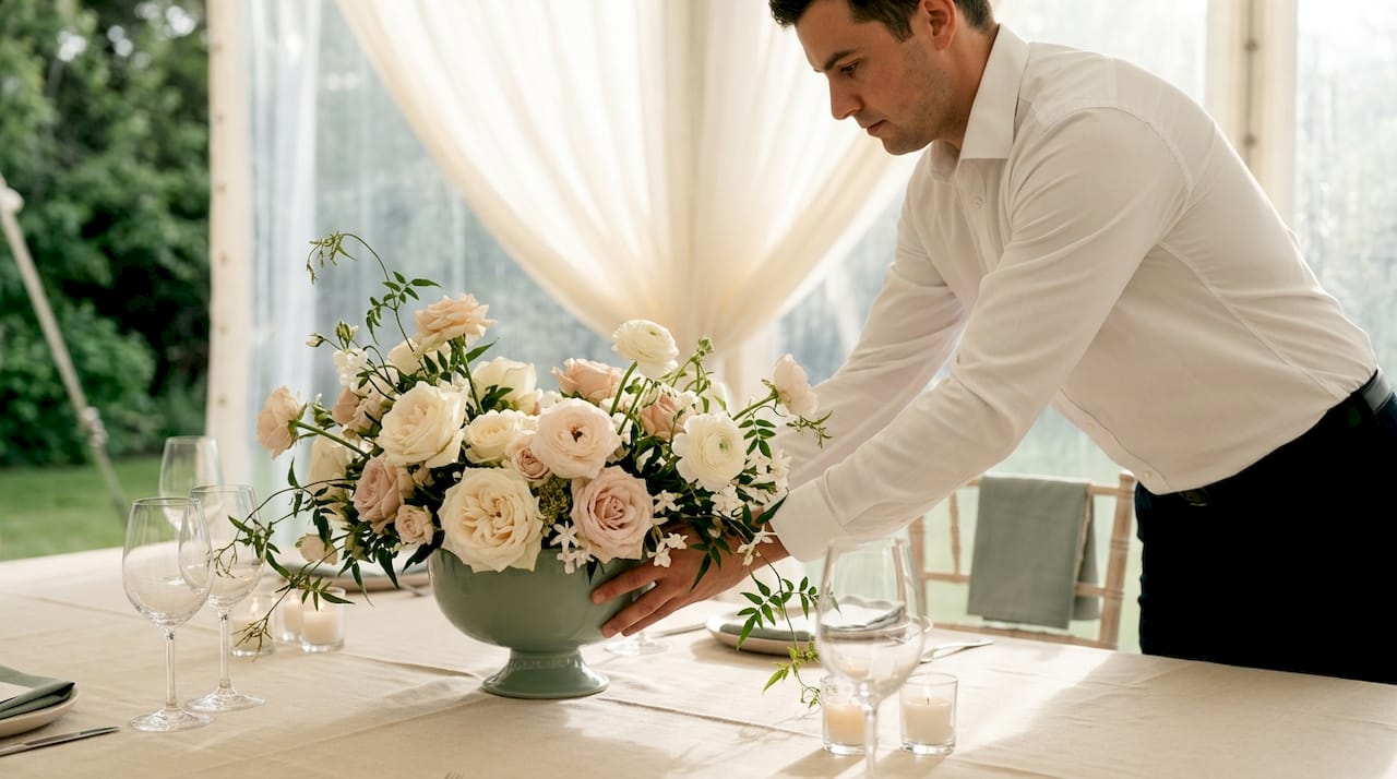 Server placing compote floral centerpiece at event table