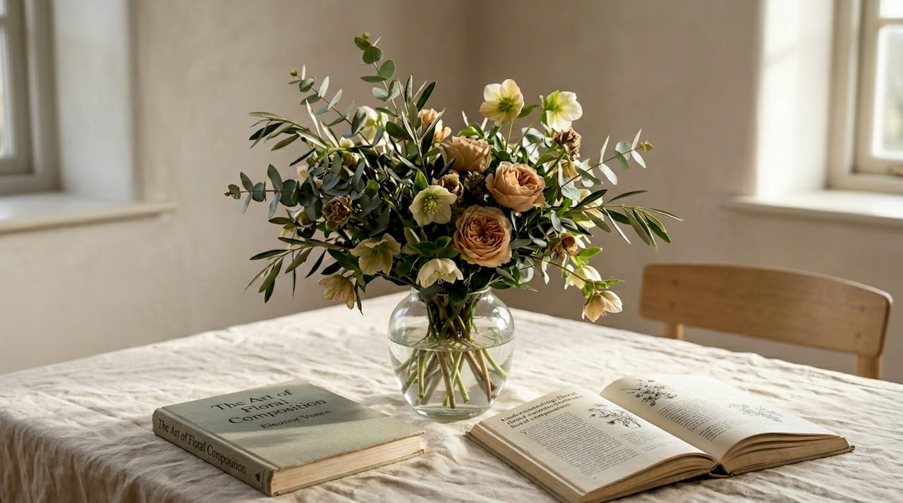 Close-up of styled art-inspired floral bouquet and design book