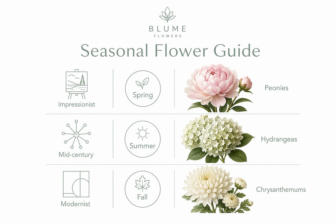 Infographic showing seasonal flower recommendations for art styles