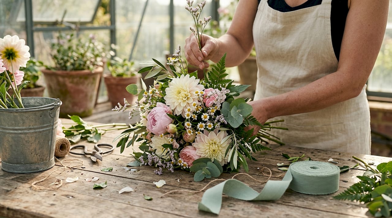 Florist arranging layered mixed bloom bouquet