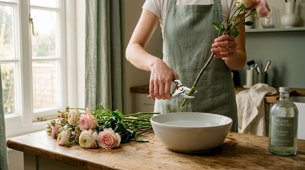 Hands trimming flower stems by kitchen sink
