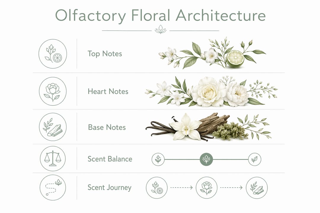 Infographic explaining olfactory floral architecture stages