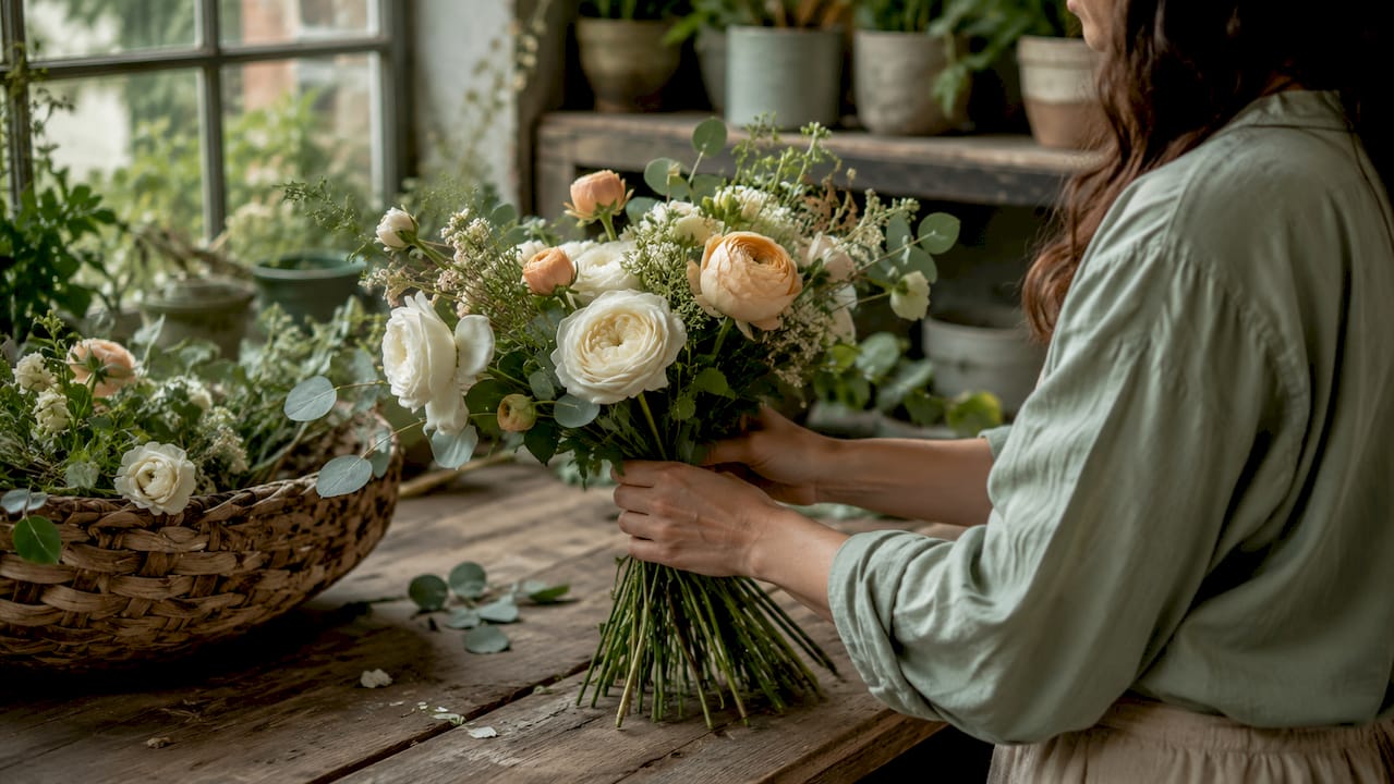Close-up of hand-tying spiral bouquet construction