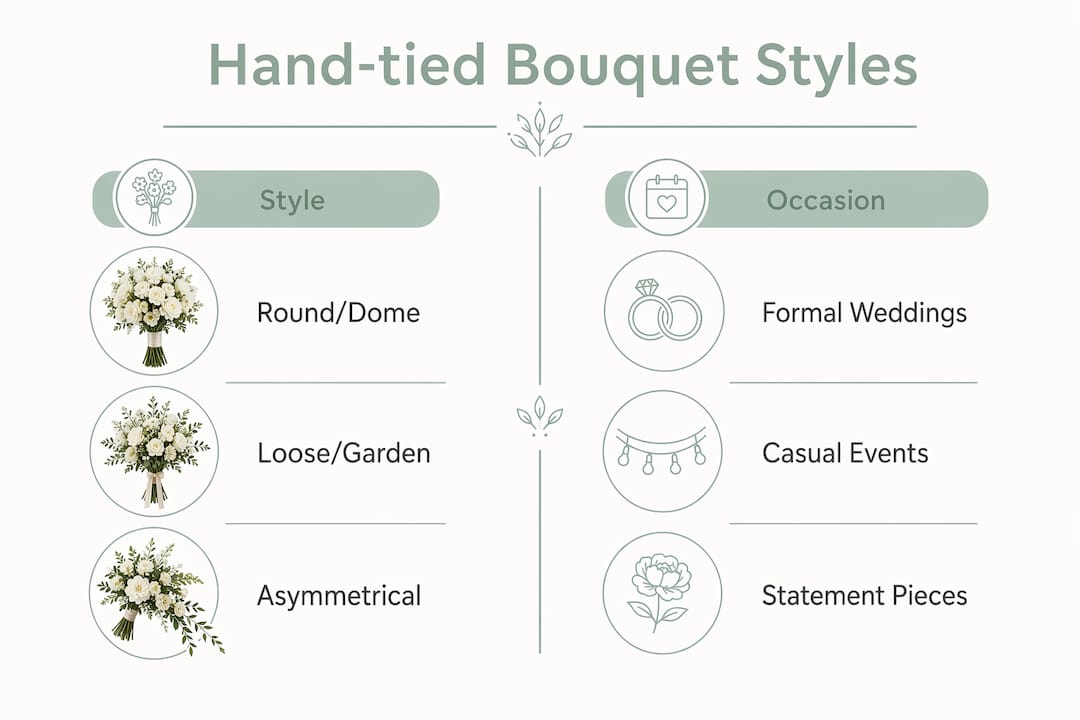 Infographic comparing hand-tied bouquet styles and occasions
