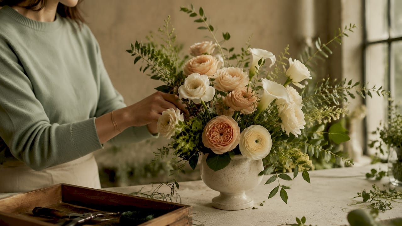 Close-up of hands creating luxury flower arrangement