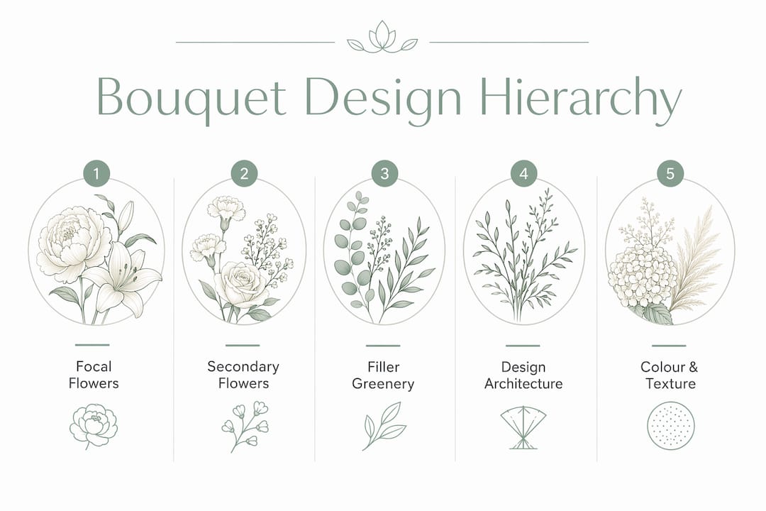 Infographic illustrating bouquet design hierarchy and key components