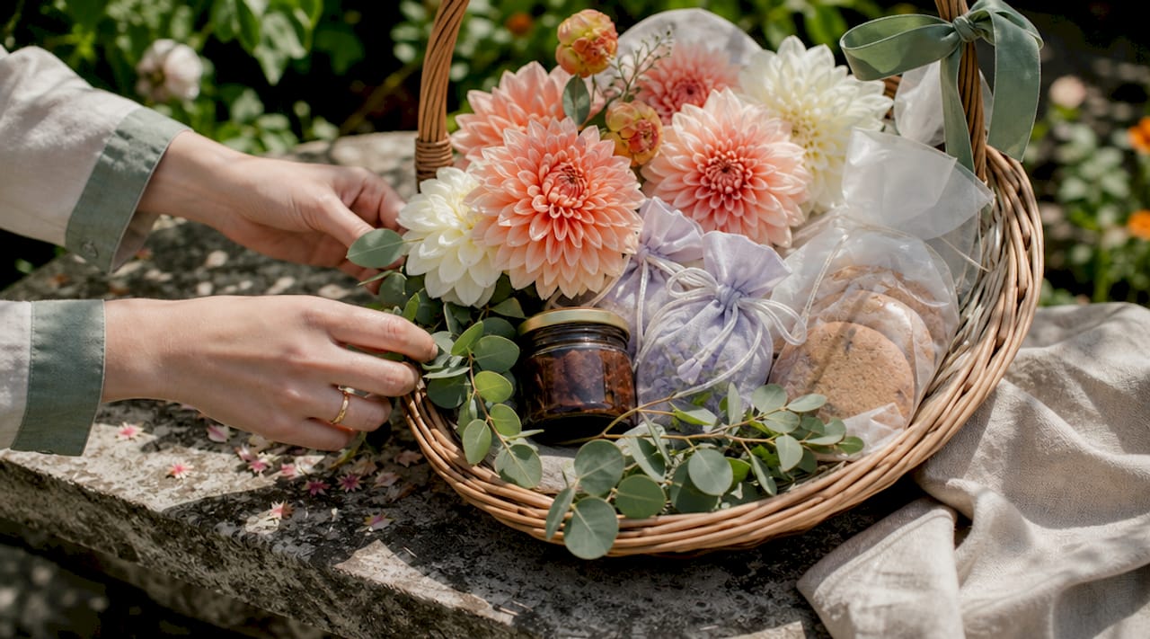 Close-up of contents within floral gift hamper basket