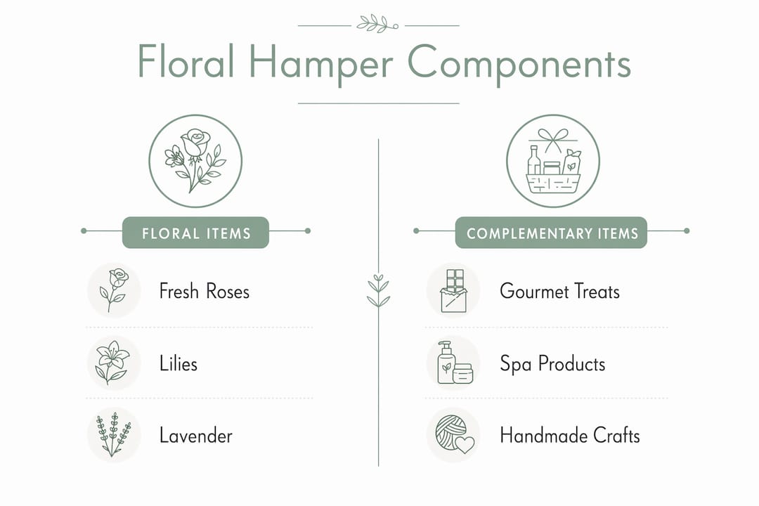Infographic comparing floral and complementary items in gift hampers