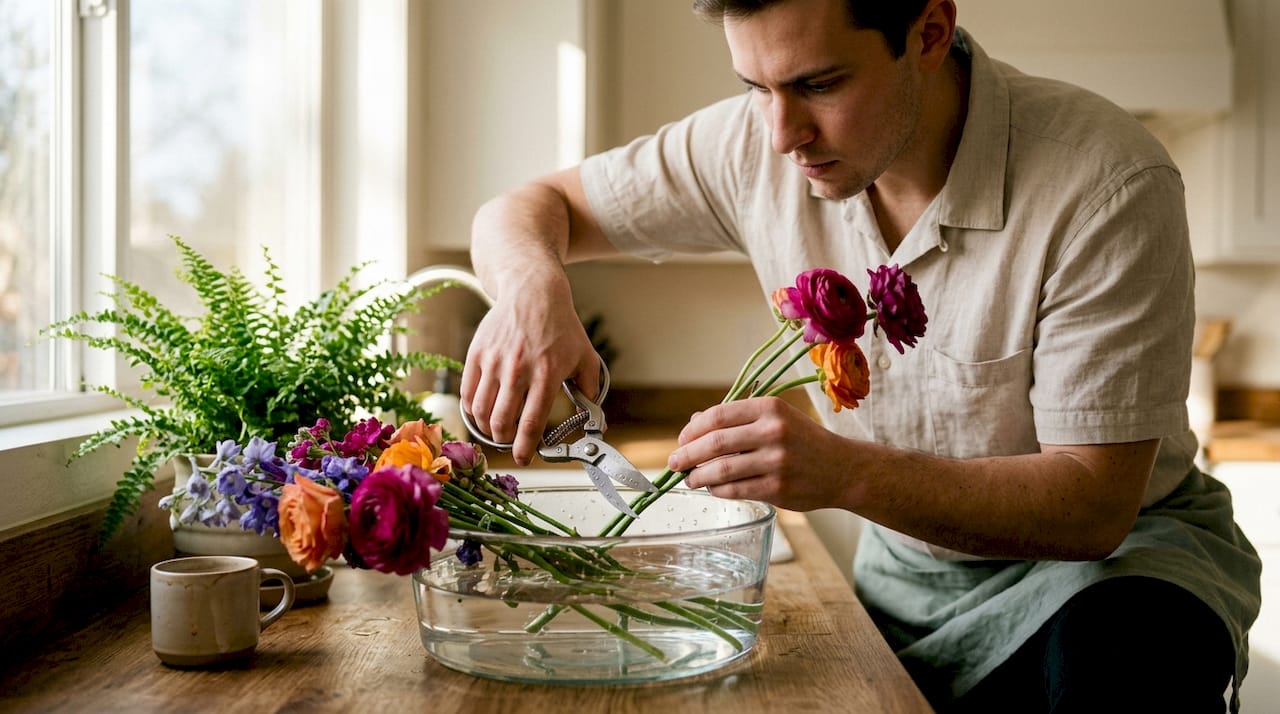 Close-up hands trimming flower stems underwater
