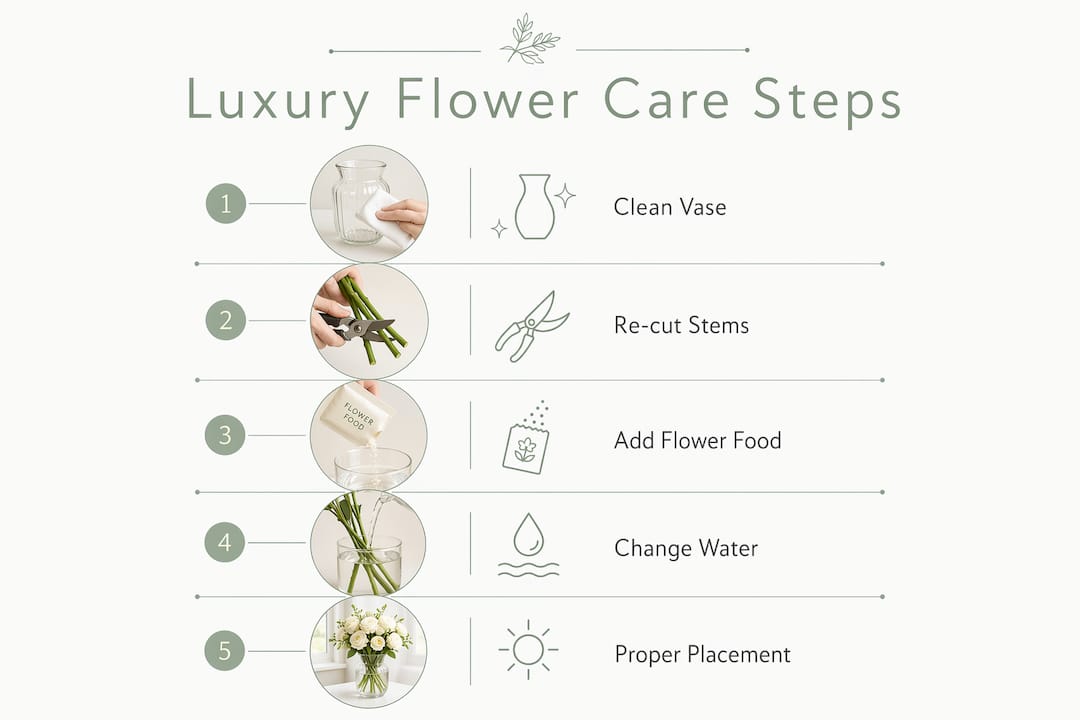 Infographic showing steps for luxury flower care