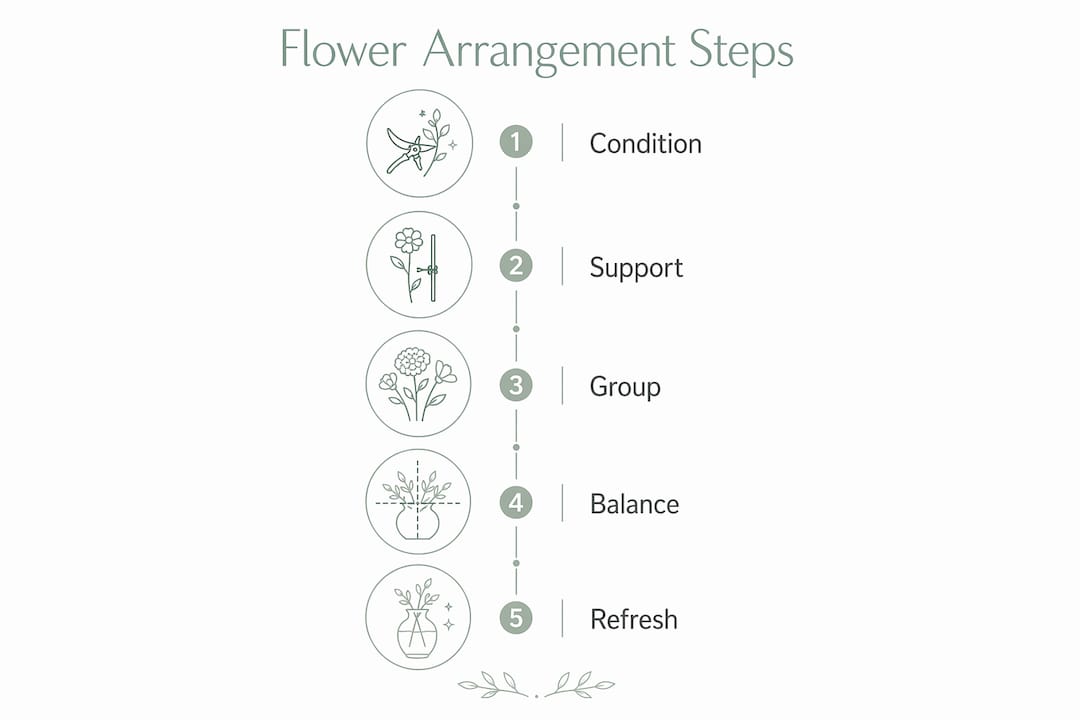 Infographic illustrating five flower arrangement steps