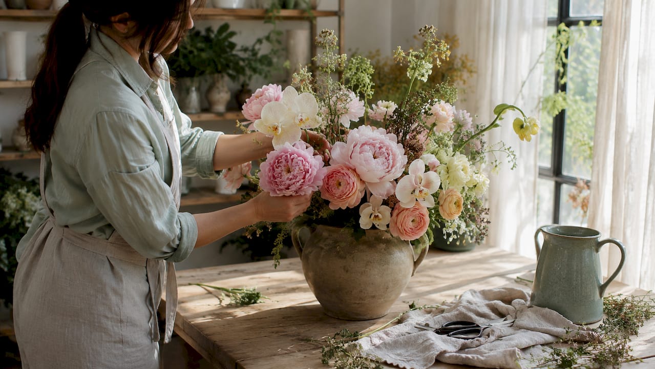 Floral artist arranging luxury flowers on wooden bench