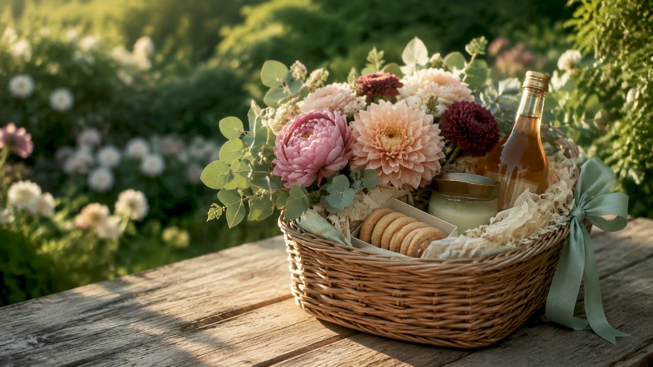 Close-up of birthday floral hamper with flowers and gifts