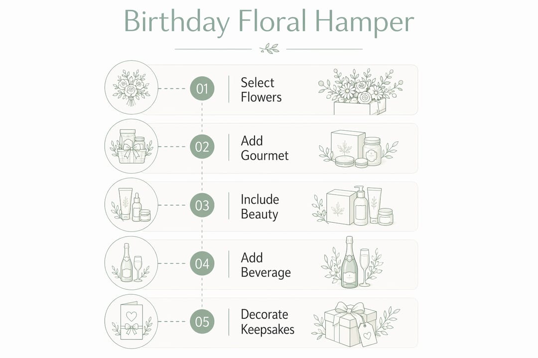 Infographic outlining birthday floral hamper components and steps