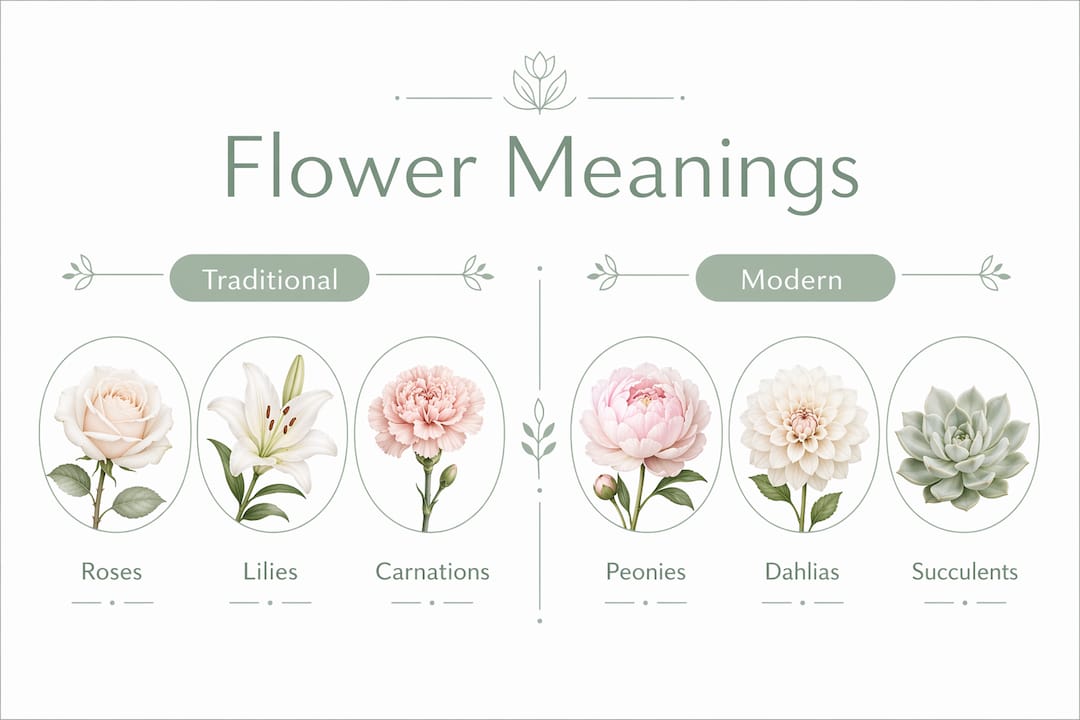 Infographic comparing traditional and modern flower meanings