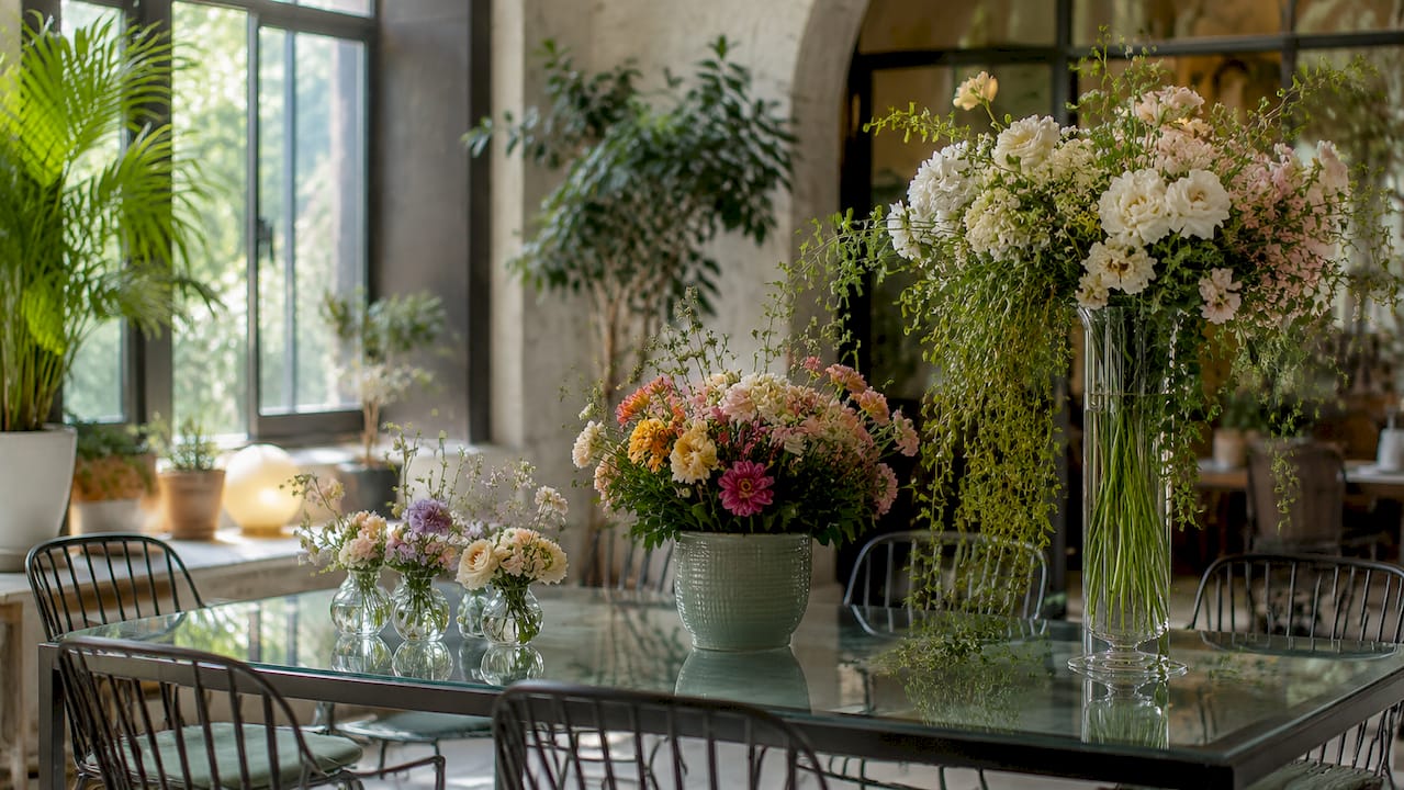 Variety of floral centrepieces on rustic garden table