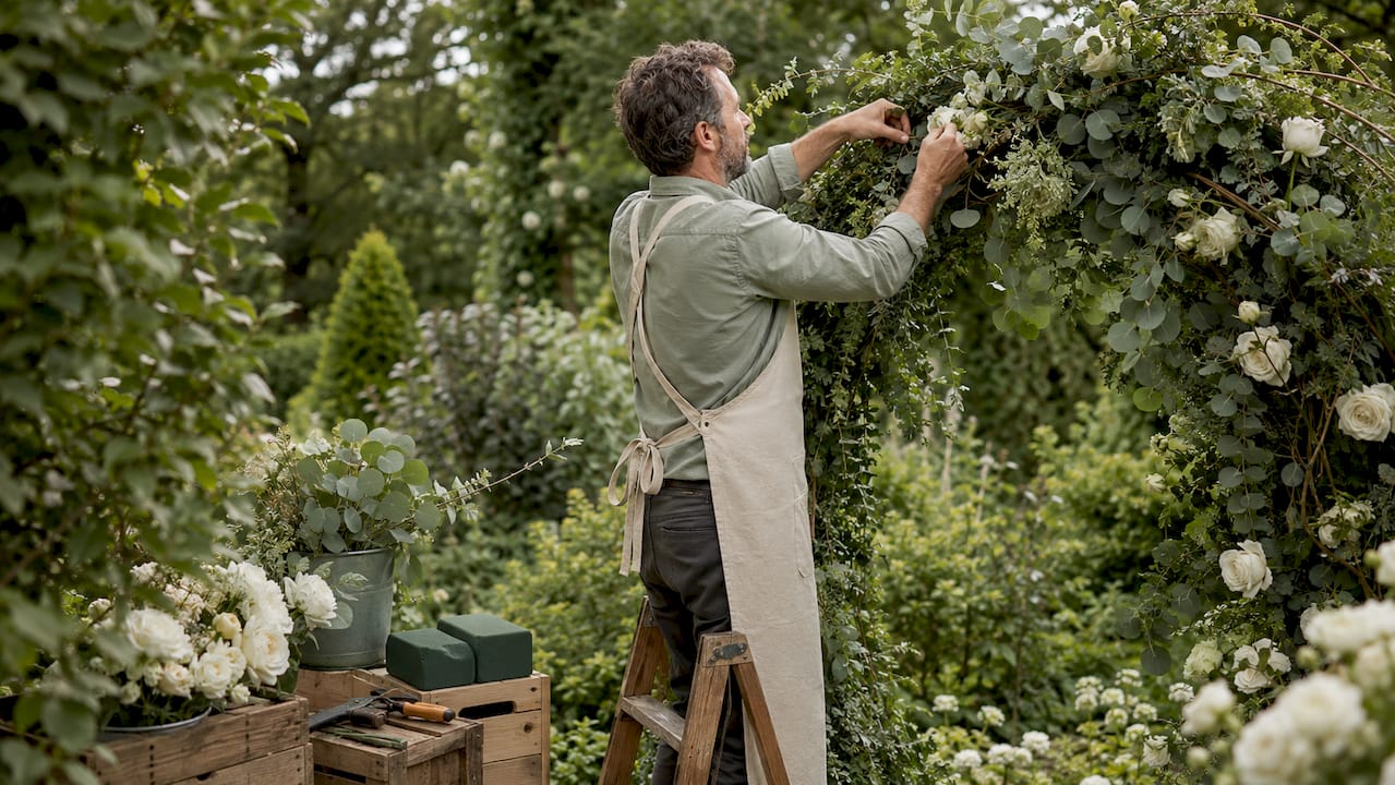 Florist installing floral arch in modern event venue