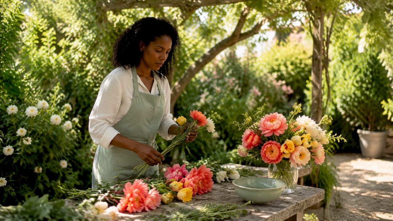 Florist choosing flowers for gratitude bouquet