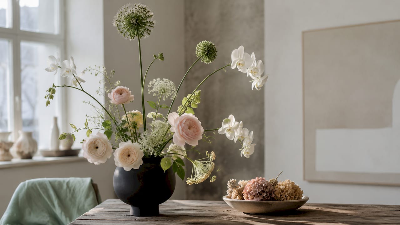 Close-up architectural floral arrangement with orchids