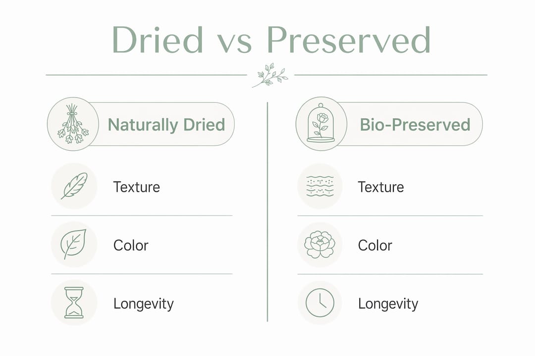 Infographic comparing dried and preserved flowers