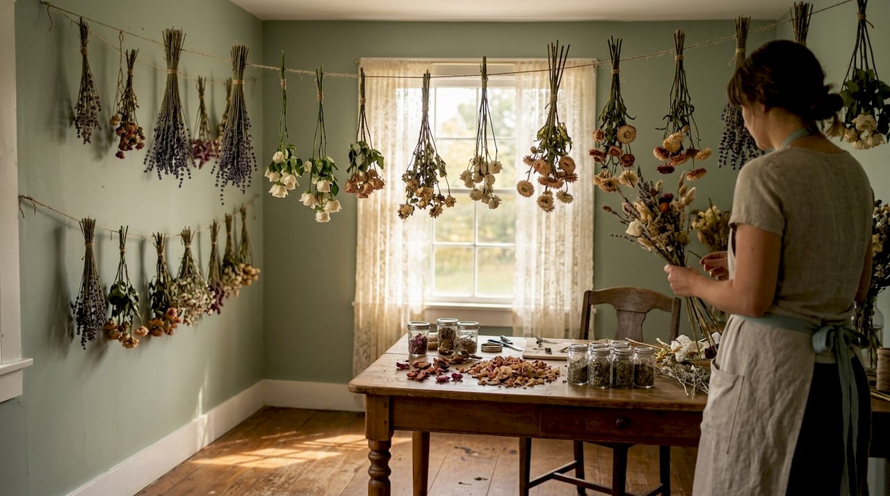 Naturally dried flowers hanging in rustic workshop