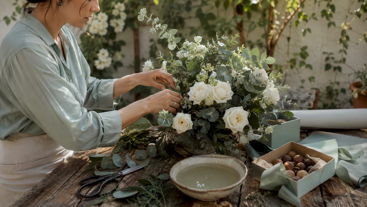 Florist hands arranging fresh flower bouquet