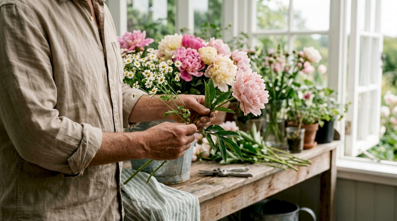 Florist inspecting fresh local flower stems